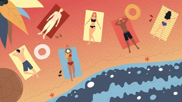 Καλοκαιρινές διακοπές Concept. Κάτοψη των ανθρώπων που βρίσκονται στον ήλιο στην ακτή του ωκεανού. Άνδρας και γυναίκες χαρακτήρες ηλιοθεραπεία στην παραλία Πετσέτες. Άνθρωποι στην παραλία. Στυλ καρτούν. Εικονογράφηση διανύσματος — Διανυσματικό Αρχείο