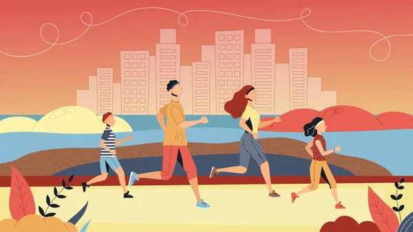 Concepto de deporte y llevar un estilo de vida saludable. La familia corre maratón juntos en el parque. Padre, madre, hijo e hija corriendo y haciendo ejercicio juntos. Dibujos animados estilo plano. Ilustración vectorial — Archivo Imágenes Vectoriales