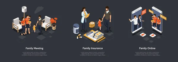 Concepto de relación familiar, protección de seguros y comunicación en línea. Las personas pasan tiempo en familia, compran seguros, se ponen en contacto en línea con teléfonos inteligentes. Ilustración isométrica de vectores 3D — Vector de stock