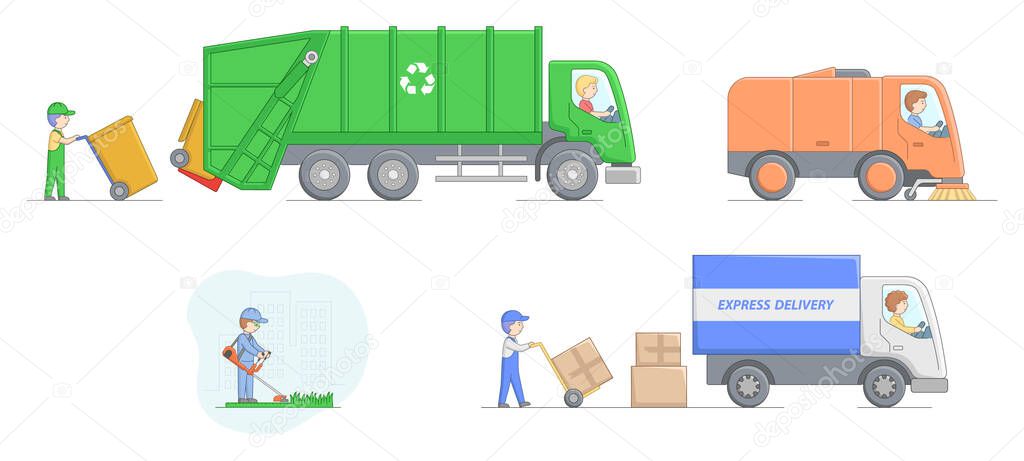 Urban Services Concept. Workers Collect Garbage And Loading It Into Garbage Truck, Clean Street Using Sweeper Truck, Moving Lawn And Deliver Parcels. Cartoon Linear Outline Flat Vector Illustration