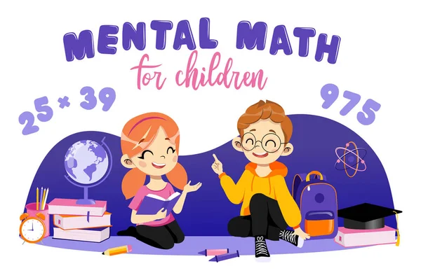 Concetto di studiare e tornare a scuola. Matematica mentale per bambini. I bambini felici che imparano a contare nella mente che siede sul pavimento nel circondare delle forniture scolastiche. Stile piatto del fumetto. Illustrazione vettoriale — Vettoriale Stock