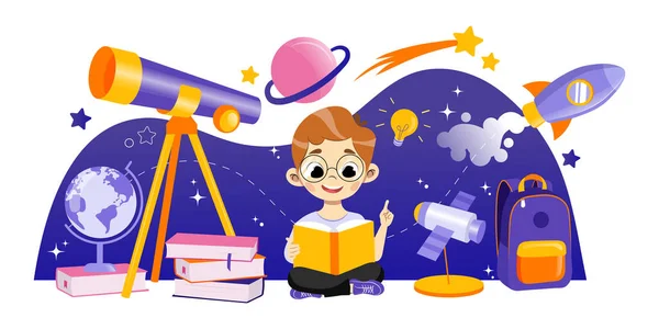 Het concept van astronomie en terug naar school. Jongen Astronomen leren het onderwerp. De student zit in de buurt van een grote telescoop in een omringende raket met planeten. Cartoon Linear Outline Flat Vector Illustratie — Stockvector