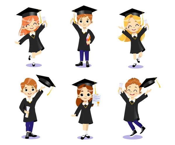 Τέλος των πανεπιστημιακών μαθημάτων και ιδέα αποφοίτησης. Σύνολο χαρούμενων χαμογελαστών μαθητών αγόρια και κορίτσια σε ακαδημαϊκά φορέματα που στέκονται μαζί, πετώντας καπέλα στον αέρα. Στυλ καρτούν. Εικονογράφηση διανύσματος — Διανυσματικό Αρχείο