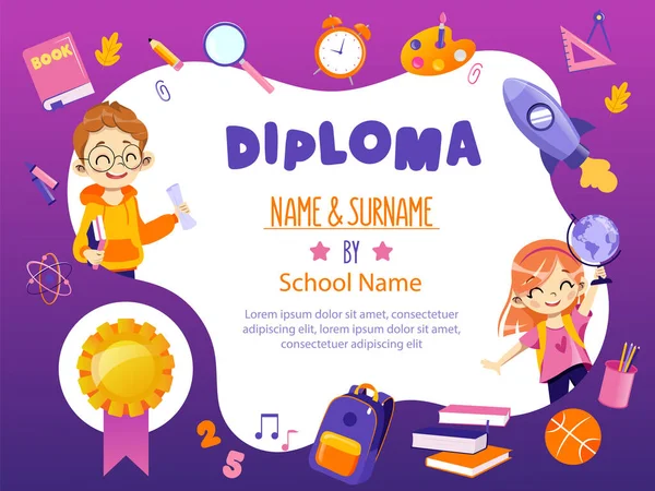 Concepto de Regreso a la Escuela y Ceremonia de Premios. Hermosa plantilla de diploma escolar con dos sonrientes estudiantes de niños y niñas felices en los alrededores Suministros escolares. Dibujos animados estilo plano. Ilustración vectorial — Archivo Imágenes Vectoriales