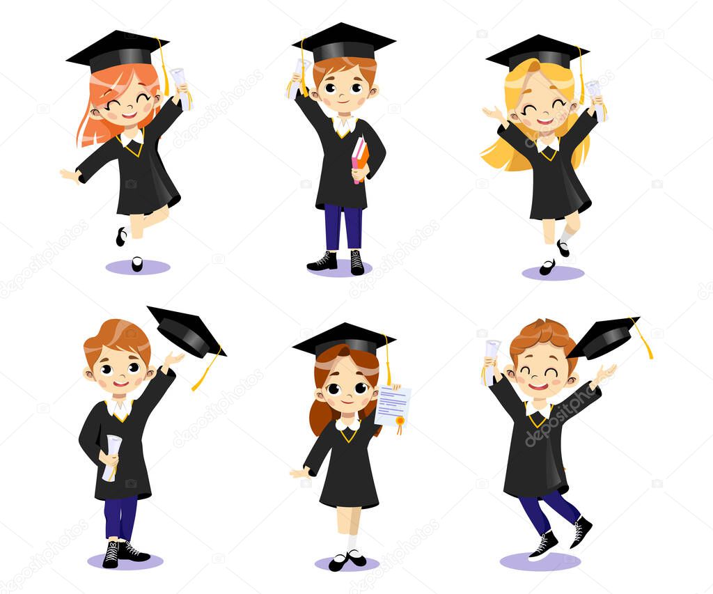 End Of University Courses And Graduation Concept. Set Of Happy Smiling Students Boys And Girls In Academic Dresses Standing Together, Throwing Hats In The Air. Cartoon Flat Style. Vector Illustration