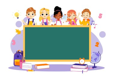 Okula Dönüş Konsepti. Tahtanın etrafındaki çok ırklı öğrenci grubu. Tebeşir tahtası olan sınıf, okul temalı bilgi, Mutlu Gülümseyen Sınıflar. Çizgi film tarzı. Vektör illüstrasyonu