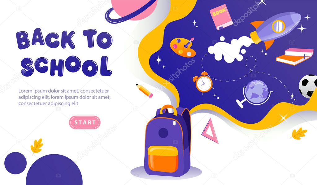 Concept Of Back To School. Inscription With Backback And School Supplies. Website Landing Page. Title With School Theme Infographic For Retail Marketing Promotion. Web Page Flat Vector Illustration