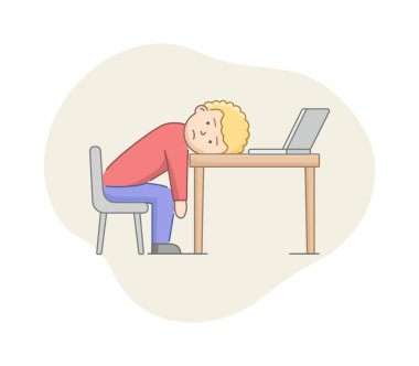 Depresyon Konsepti. Depresyondan muzdarip erkek karakter. Ofiste masa başında yatan işçiden bıkkınlık geldi. Stresli Duygular Eyaleti. Çizgi film Düz Dış Hatlar Biçimi. Vektör İllüstrasyonu