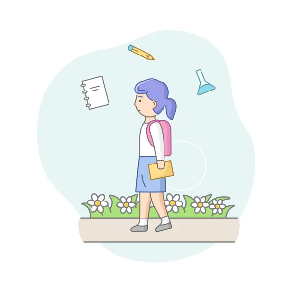 Back To School Concept. Young Girl By The Way To School With Backpack And Infographic. Smiling Student Go To School With Book And School Items. Cartoon Linear Outline Flat Style. Vector Illustration — Stock Vector