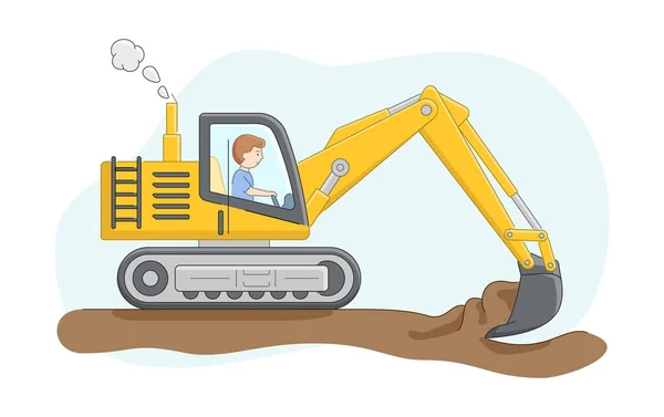 Koncept för konstruktion. Byggande lastbil med förare. Grävmaskiner gräver sand eller mark. Konstruktionsmaskiner Operatörsarbete. Karaktär på jobbet. Tecknad linjär kontur platt stil. Vektor Illustration — Stock vektor