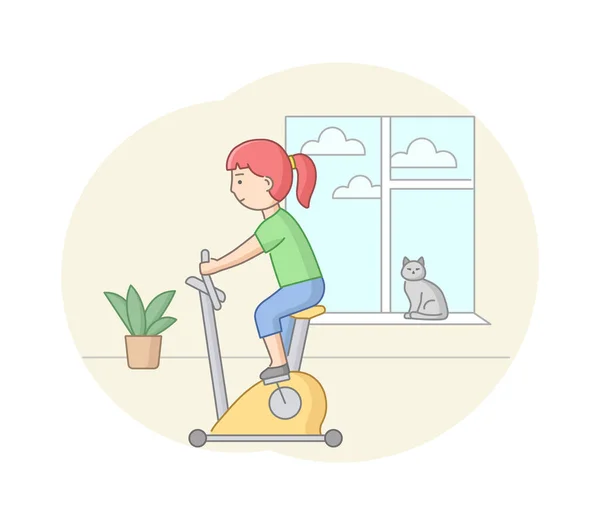 Concetto di fitness, salute, cura del corpo e sport attivo. Il carattere femminile sta esercitandosi in palestra o nel paese sull'attrezzatura di esercitazione. La giovane donna pedala. Linear Outline Stile piatto. Illustrazione vettoriale — Vettoriale Stock