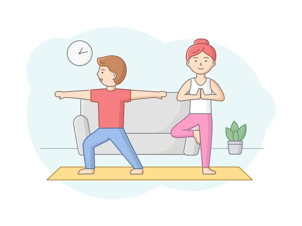 Yoga Okulu, Sağlık ve Aktif Spor Konsepti. Erkek ve kadın spor salonunda ya da evde yoga yapıyor. Karakterler evde yoga dersleri alıyor ve sağlıklı bir yaşam sürüyorlar. Çizgi film Düz Vektör İllüstrasyonu — Stok Vektör