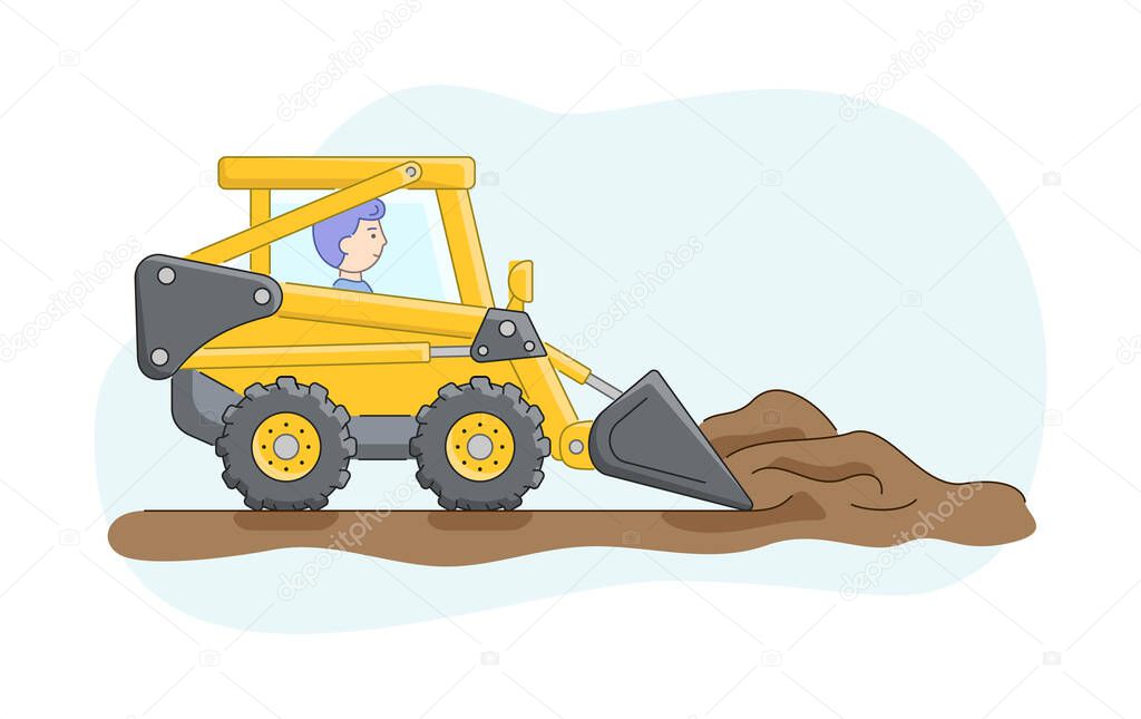 Construction Concept. Construction Truck With Driver. Bulldozer Rakes Sand Or Ground. Construction Machinery Operator Jobs. Character At Work. Cartoon Linear Outline Flat Style. Vector Illustration