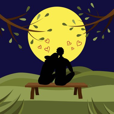 Romantik İlişki kavramı. Siyah erkek ve kadın siluetleri geceleri bankta oturur ve Ay 'a bakarlar. Parkta Kıza Kucaklayan Erkek. Çizgi film Düz Stili. Vektör İllüstrasyonu