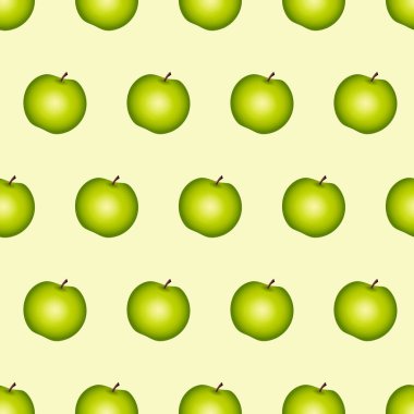 Çok sayıda açık yeşil elma arkaplanı olan kusursuz bir desen. Soyut Sakin Renkler. Modern Arkaplan Tasarımı. Şirin Yeşil Tatlı Elmalar. Çizgi film Düz Stili. Vektör İllüstrasyonu