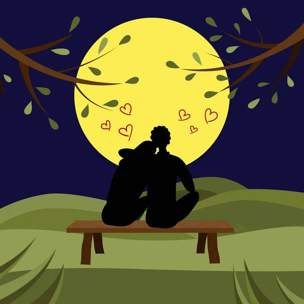 Koncepcja romantycznego związku. Czarne sylwetki mężczyzny i kobiety siedzących na ławce w nocy i patrzących na Księżyc z przodu. Chłopiec Obejmij dziewczynę w parku. Styl płaski kreskówki. Ilustracja wektora — Wektor stockowy