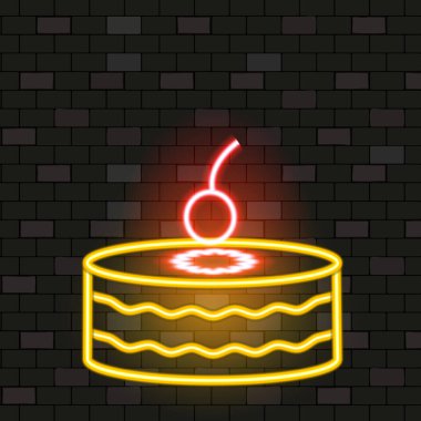 Vip Neon Simgeleri. Gece Parıltısı Panosu, Parlayan Işık Sancağı. Koyu tuğla duvarın üstünde kirazlı Neon Pasta. Neon Lighting Kulübü 'nün Karanlık Arkaplan Bar Konsepti. Çizgi film Düz Vektör İllüstrasyonu