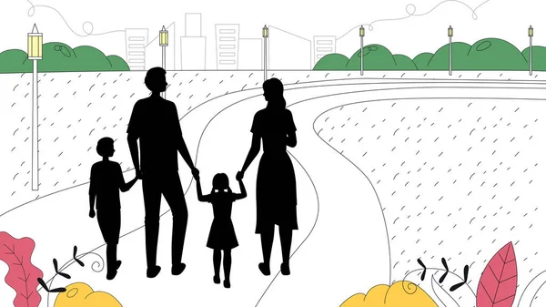 Családi szabadidő koncepció. Silhouettes az emberek sétál a parkban Cityscape háttér. Apa, anya és gyerekek fogják egymás kezét a szabadban. Rajzfilm lineáris vázlat lapos vektor illusztráció — Stock Vector