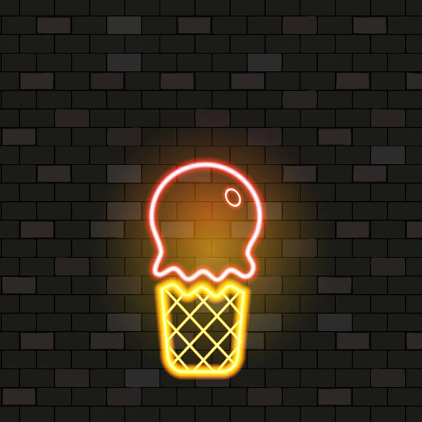 Vip Neon Icons. Night Bright Signboard, Glowing Light Banner. Neon Ice Cream In Waffle On Dark Brick Wall. Neon Lighting Club Bar Concept on Dark Background. Cartoon Flat Style. Vector Illustration — Stock Vector