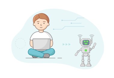 Robot bilimi kavramı. İnsan Kodlama ve Robot 'u Dizüstü bilgisayar kullanarak ayarla. Al and Business IOT, Chat Bot, Gelecek Pazarlama. Robota insanlara hizmet etmeyi öğretmek. Çizgi film Düz Dış Hatlar Biçimi. Vektör İllüstrasyonu