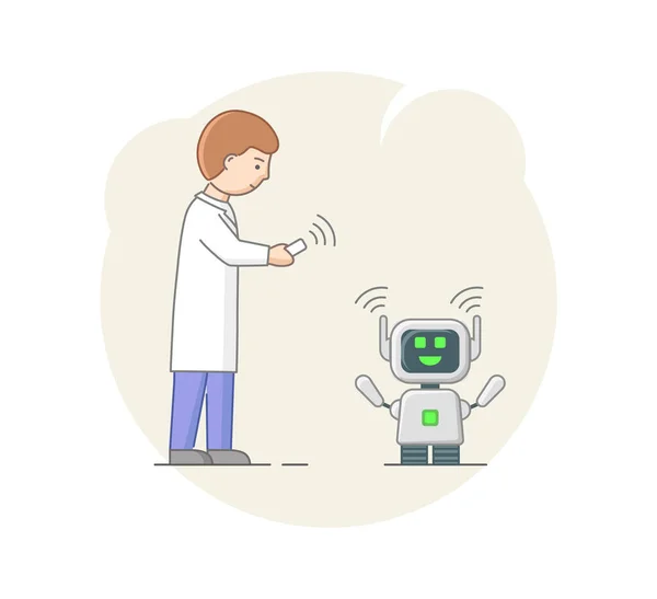 ロボット工学の概念。人間のコーディングとリモートコントロールを使用してロボットを設定します。AIとビジネスIOT,チャットボット,将来のマーケティング.人に奉仕するロボットを教える。漫画リニアアウトラインフラットベクトルイラスト — ストックベクタ