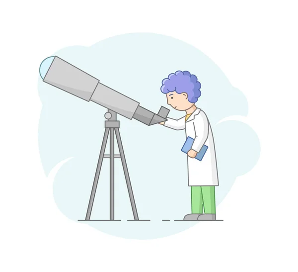Koncept astronomického pozorování a vědy. Profesor Astronomer se dívá dalekohledem. Vědec dělá výzkum vesmíru a dělá si poznámky. Cartoon Linear Outline Flat Vector Illustration — Stockový vektor