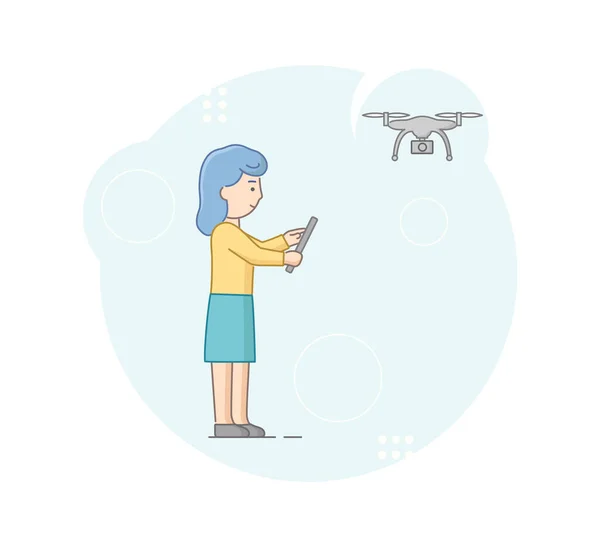 Konsep Hi Tech. Wanita Kreatif Muda meluncurkan Drone, mengendalikan penerbangan Gadget dengan pengendali jarak jauh. Teknologi Masa Depan. Gadis Berdiri Dengan Panel Kontrol. Ilustrasi Vektor Flat Kartun - Stok Vektor