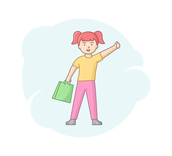 Concepto De Compras En Línea, Y Marketing. Chica joven de compras. Mujer alegre personaje femenino de pie con la bolsa de compras y mostrando el pulgar hacia arriba. Dibujos animados Esquema lineal Ilustración de vectores planos — Vector de stock