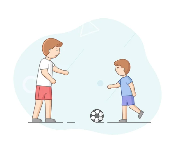 Fatherhood Concept. Happy Father Spending Time With His Son. Personal Trainer Teach Boy Play Football. Characters Have Fun Together On Weekend. Cartoon Linear Outline Flat Style. Vector Illustration — Stock Vector