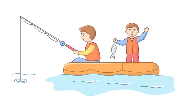 Concept de pêche et de paternité. Pêcheur gai pêche du bateau sur le lac. Père et Fils s'amusent ensemble en vacances. Dessin animé contour linéaire Style plat. Illustration vectorielle — Image vectorielle