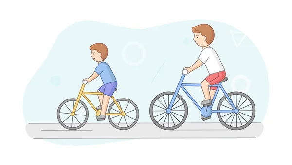 Weekend Time Leisure, Fatherhood And Friendship Concept. People Riding Bicycle In Park. Father And Son Or Friends Lead Active Lifestyle. Weekend Active Time. Cartoon Flat Style. Vector Illustration — Stock Vector