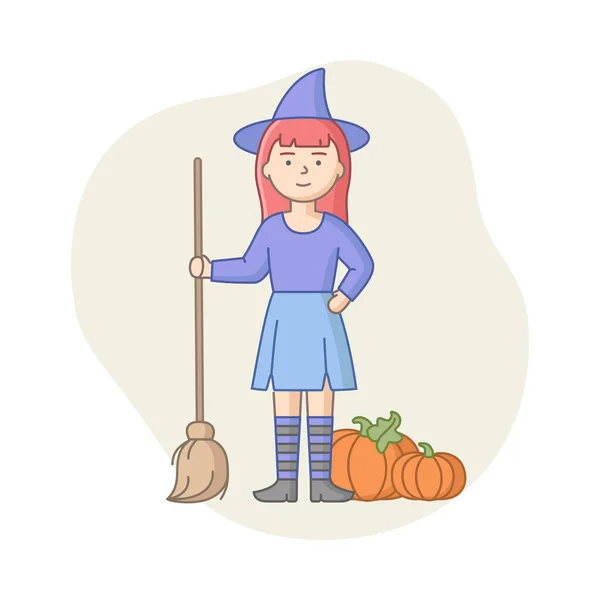 Halloween Party Celebration Concept. Woman Disguised To Evil Character, Witch Or Vampire On Carnival. Girl Celebrates Holiday In Witch With Broom Suit. Cartoon Linear Outline Flat Vector Illustration — Stock Vector