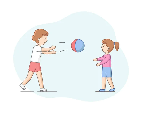 Conceito de maternidade. A mãe a passar tempo com a filha. Personagens Jogue Ball Games, desfrutando de passar tempo juntos. Amigos jogam juntos. Desenhos animados Linear Outline Flat Style. Ilustração vetorial —  Vetores de Stock