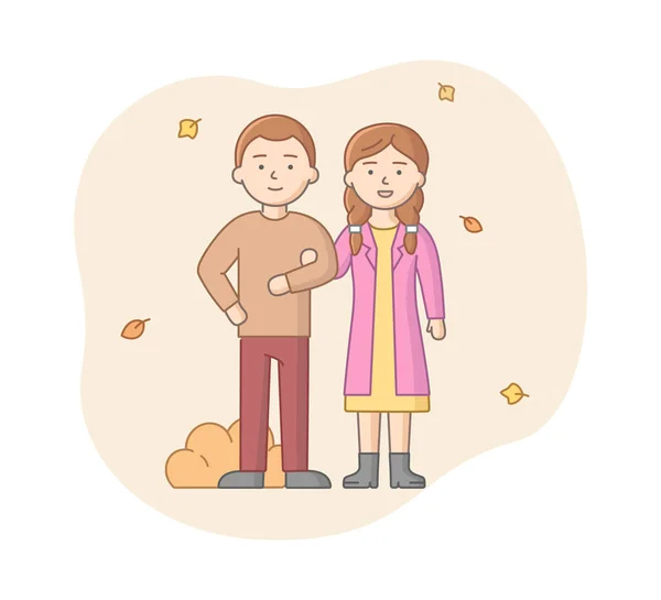 Concepto de otoño. Hombre y mujer en ropa abrigada caminando en el parque y disfrutar del clima hermoso de otoño. Alegre joven pareja de pie juntos. Dibujos animados Esquema lineal Estilo plano Vector Ilustración — Vector de stock