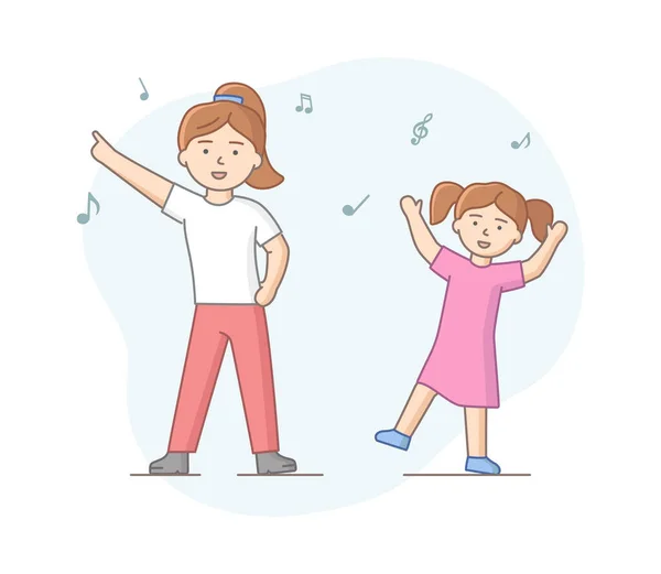 Dance Party Concept. Girls Dancing Together. Satisfied Mother And Daughter In Different Dance Poses. Characters Enjoy Dance Party At Night Club. Cartoon Linear Outline Flat Style. Vector Illustration