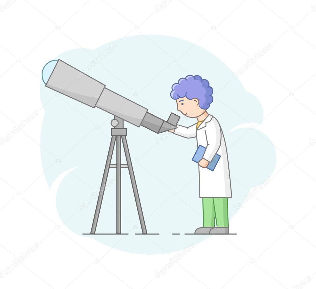 Concept Of Astronomical Observation And Science. Professor Astronomer Looking Through Telescope. Scientist Makes Researches Of Space And Make Notes. Cartoon Linear Outline Flat Vector Illustration