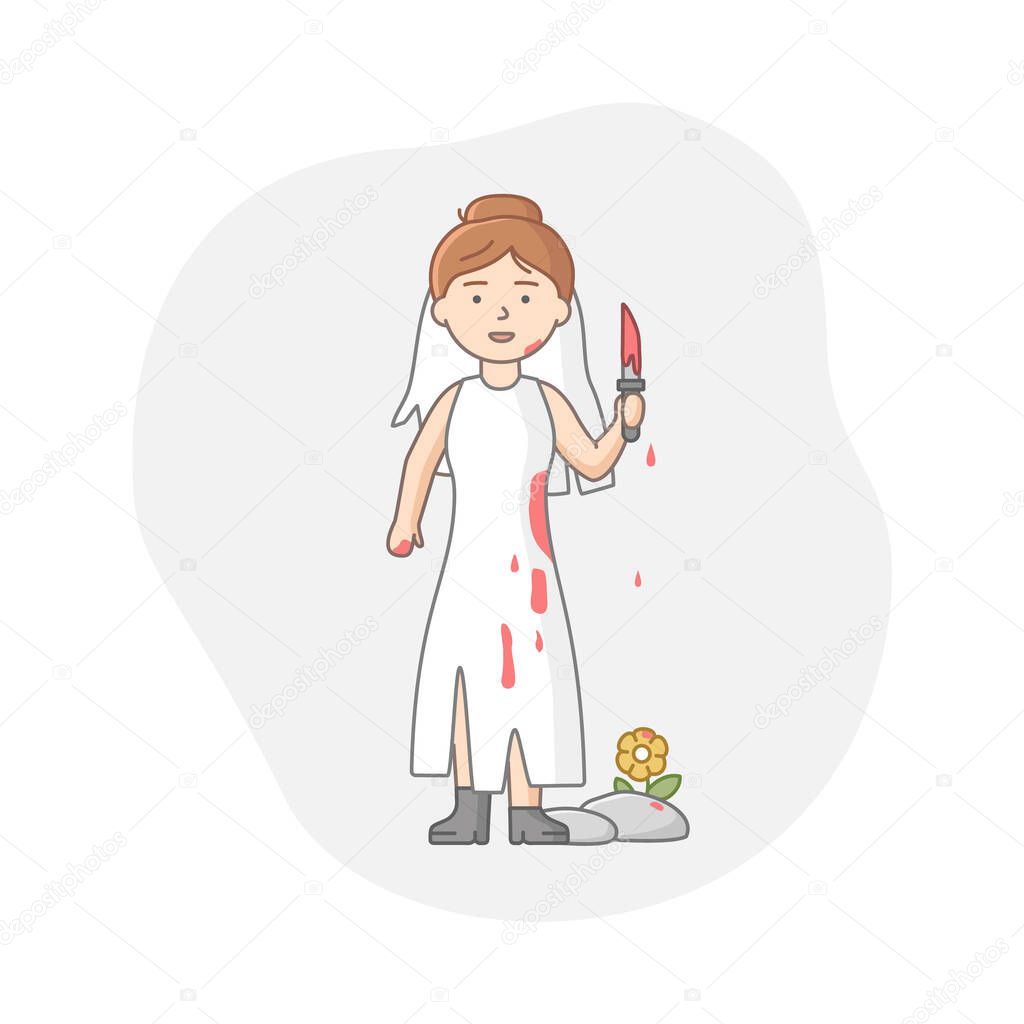 Halloween Party Celebration Concept. Woman Disguised To Evil Character, Witch Or Vampire On Carnival. Girl Celebrates Holiday In Bloodied Bride Suit. Cartoon Linear Outline Flat Vector Illustration