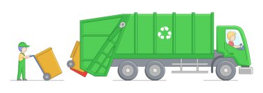 Şehir Hizmetleri ve Çevre Koruma Konsepti. İşçi çöpleri toplayıp çöp kamyonuna yüklüyormuş. İş yerindeki leş yiyiciler. Çizgi film Düz Dış Hatlar Biçimi. Vektör İllüstrasyonu