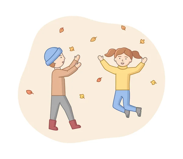 Herfst Weekend Time Leisure Concept. Karakters Genieten van het herfstweer in een park. Man en vrouw hebben een leuke tijd. Gezamenlijk weekend actief tijdverdrijf. Cartoon Linear Outline Platte Stijl. Vector Illustratie — Stockvector