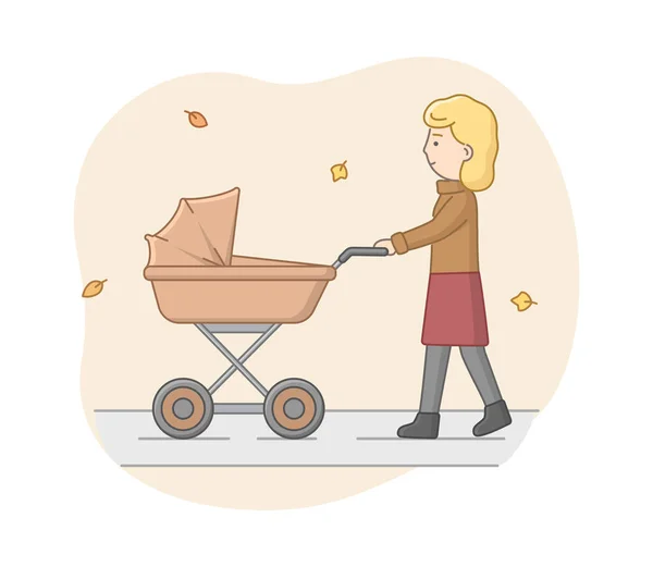 Autumn Weekend Time And Motherhood Concept. Happy Young Mother In Warm Clothes Pushing Pram With Baby In The Park. Joint Weekend Active Pastime. Cartoon Linear Outline Flat Style. Vector Illustration — Stock Vector