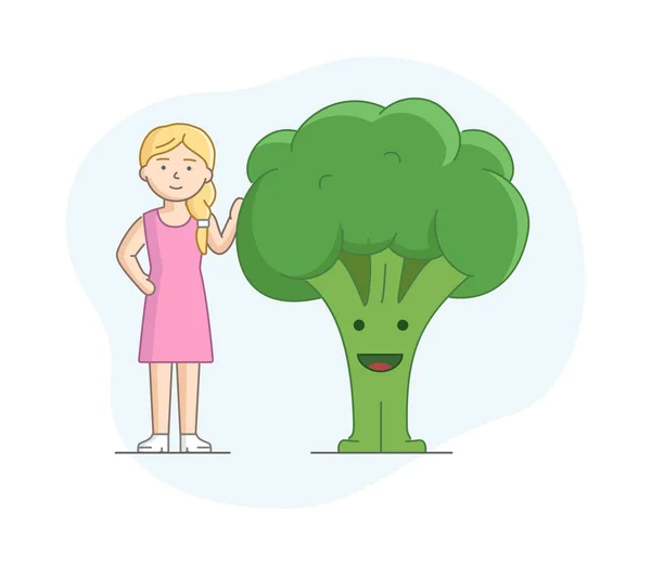 Vejetaryenlik ve Sağlıklı Beslenme Konsepti. Sağlıklı Yemek Yiyen Kadın. Büyük Brokoli 'nin yanında duran karakter. Hayvanların Yemesine Karşı Kız Yeme. Çizgi film Çizgi Çizgisi Düz Vektör İllüstrasyonu — Stok Vektör