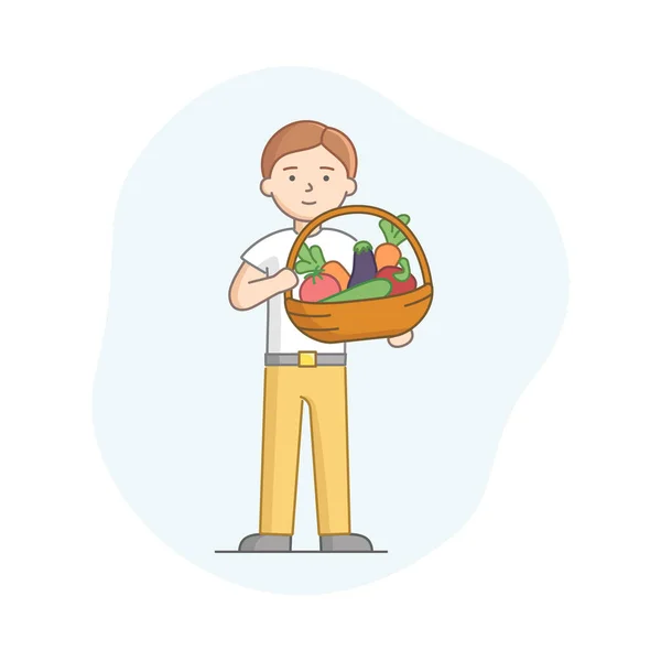 Вегетарианство, концепция здорового питания. Человек ест здоровую пищу. Персонаж держит корзину с овощами. Мальчик против употребления продуктов животного происхождения. Мультфильм "Линейный набросок плоского вектора" — стоковый вектор