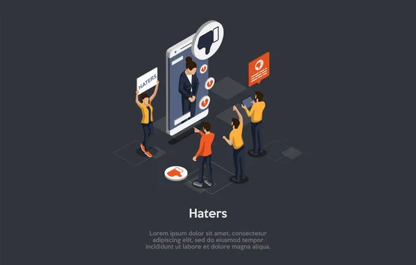 Wütende Frau, die wegen Cybermobbings auf dem Smartphone-Bildschirm steht Hater vor Smartphone-Shaming-Opfer Trauriges Mädchen liest hasserfüllte Kommentare. Isometrische 3D Vektor Illustration — Stockvektor