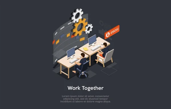 Concept de créativité et de travail d'équipe. Hommes gens d'affaires travaillent ensemble sur un nouveau projet ou démarrage assis aux bureaux dans le centre de coworking à des ordinateurs dans le bureau. Illustration vectorielle 3D isométrique — Image vectorielle
