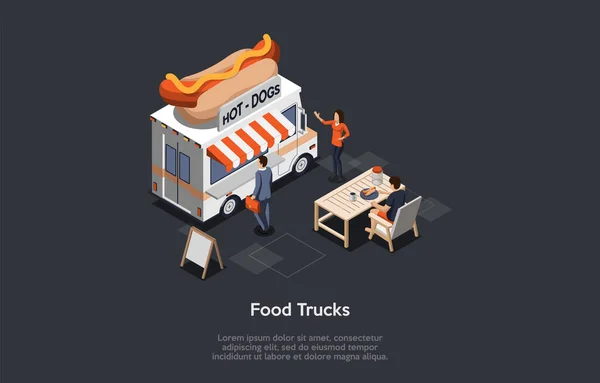 Concept van Fast Food Festival. Modern Food Truck Met Hot Dog Logo Biedt Lekker Verse Fast Food Meal. Personages Bestel Lunch bij Mobile Restaurant. Snelle manier om te eten. Isometrische 3D vectorillustratie — Stockvector