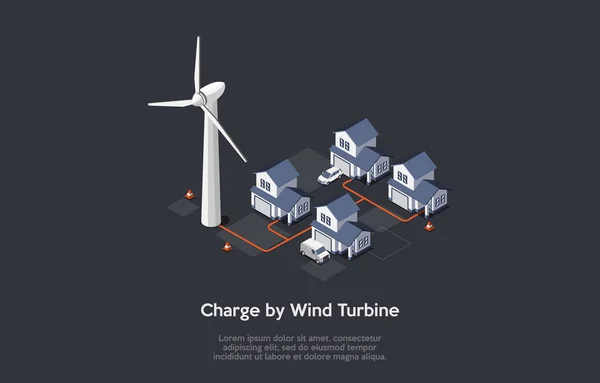 Concept Of Eco City. Modern Beautiful Residential District, Friendly Renewable Energy Saving. Solar Panels, Windmill Turbine For Home Produce Energy And Charge Cars. Isometric 3D Vector Illustration — Stock Vector