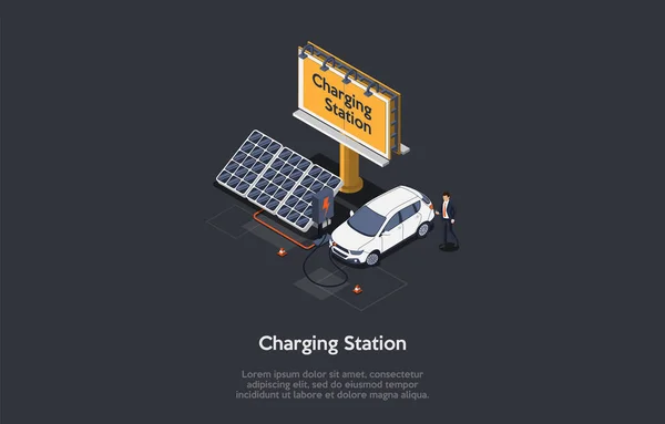 生态城市概念。现代美丽的汽车充电站与替代能源.司机在装有太阳能电池板和告示牌的充电站上为电动车充电.等距矢量图解 — 图库矢量图片