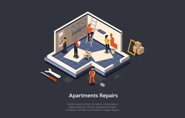 Conceito de reparação de apartamento. Equipe de construção profissional conduzida por Foreman no reparo uniforme ou no escritório de acordo com o projeto. As pessoas trabalham com ferramentas de trabalho paredes de pintura. Ilustração vetorial isométrica — Vetor de Stock