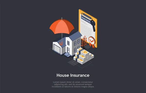 House Insurance Concept Illustration auf dunklem Hintergrund mit Lorem Ipsum Text. Isometrische Objekte für Immobilien im 3D-Stil. Haus mit Garage, Geld, Regenschirm, Versicherungsvertrag und Schlüssel — Stockvektor