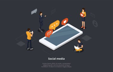 Yaratıcı İzleyici Etkisi, Sosyal Görüş ve Medya Etkisi. Erkek ve Kadın Karakterler, göndermelerde Gadget 'ları kullanıyor, paylaşıyor, sosyal medyada iletişim kuruyor. Isometric 3D Vektör İllüstrasyonu